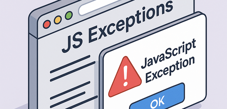 A browser window with an alert box and JS exception text